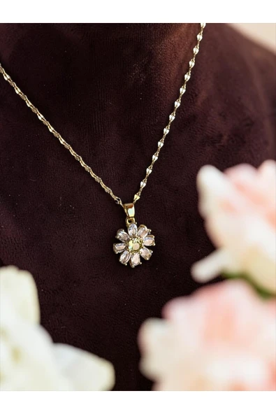 Zirkon ve Peridot Taşlı Papatya Figürlü İtalyan Aynalı Zincirli Altın Kaplama Kolye ürün görseli 1