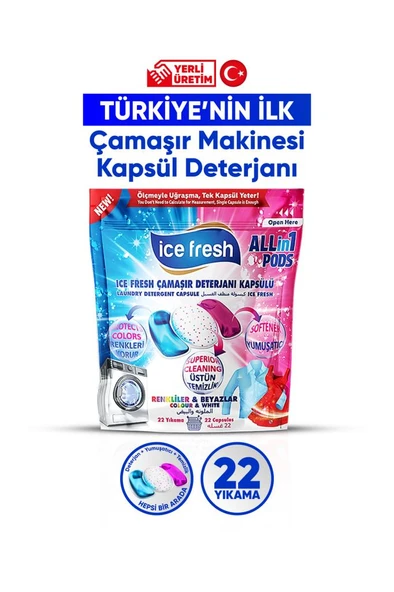 Ice Fresh Çamaşır Makinesi Deterjanı Hepsi Bir Arada Kapsülü 22 Yıkama Beyazlar Ve Renkliler YERLİ ÜRETİM ürün görseli 1