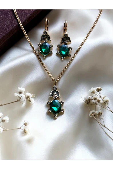 Oval Kristal Taşlı Kolye ve Küpe Seti - Resim 5