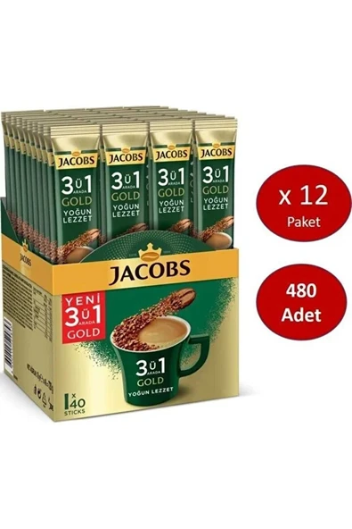 Jacobs 3ü1 Arada Gold Kahve Karışımı Yoğun Lezzet 480 Adet (40 x 12 Paket) ürün görseli 1
