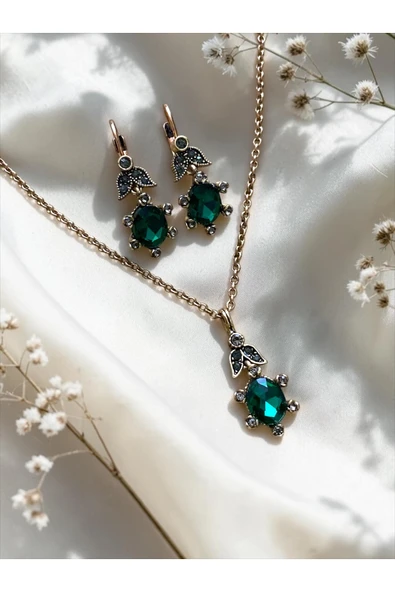 Oval Kristal Taşlı Kolye ve Küpe Seti - Resim 6