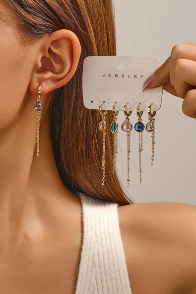 6 Farklı Renk ve Model Kristal Taşlı Altın Kaplama Küpe (6 ADET) ürün görseli 1