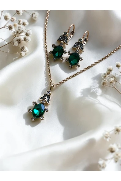 Oval Kristal Taşlı Kolye ve Küpe Seti - Resim 4