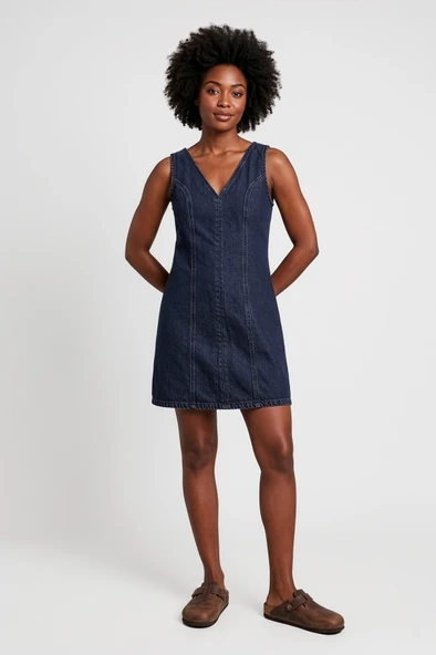 Kadın V Yaka Kolsuz Lacivert Mini Denim Elbise ürün görseli 1