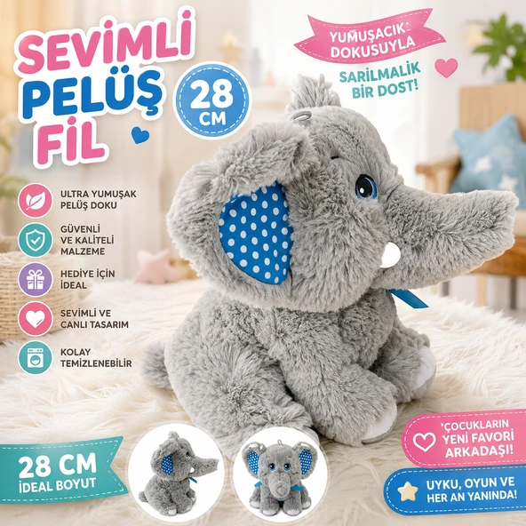 Sevimli Peluş Fil 28 CM Renkli Kulak Detaylı Yumuşacık Sarılmalık Peluş Oyuncak ürün görseli 1