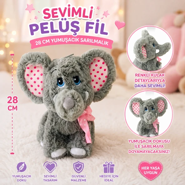 Sevimli Peluş Fil 28 CM Renkli Kulak Detaylı Yumuşacık Sarılmalık Peluş Oyuncak ürün görseli 1