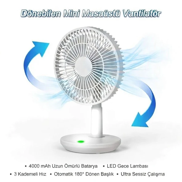 Otomatik Dönebilen Masa Üstü Lamba Özellikli USB Şarjlı Mini Fan 4000 mAh Vantilatör ürün görseli 1