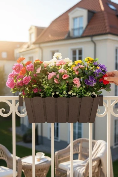 Yapay Çiçek Kahverengi Balkon Saksıda Küpeşte Askılı Açelya Çiçeği Karışık Renkli Çiçek Sepeti 50cm ürün görseli 1