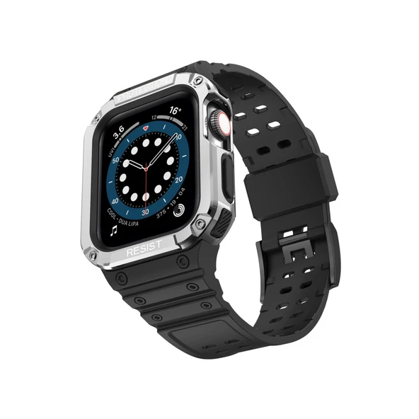 Apple Watch 42mm Kr401 Silikon Kordon (SAAT DEĞİLDİR) - Siyah-gümüş ürün görseli 1
