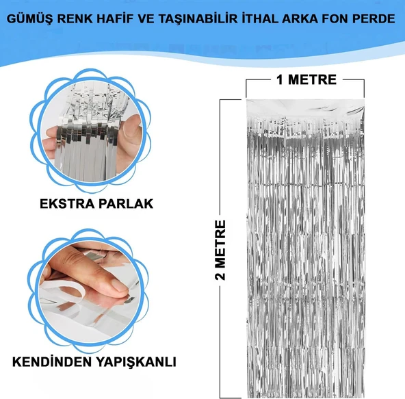Gümüş Renk Ekstra Metalize Parlak Saçaklı Arka Fon Perde İthal A Kalite 1x2 Metre ürün görseli 1
