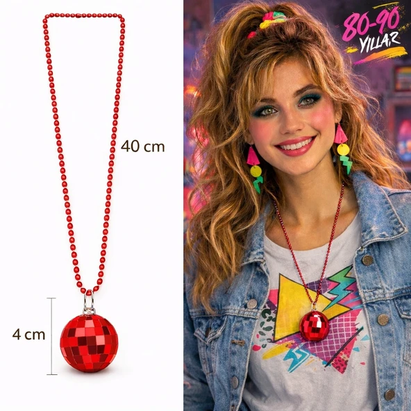 Retro Disko Topu Şekilli 8039ler 9039lar Kırmızı Renk Plastik Kolye ürün görseli 1