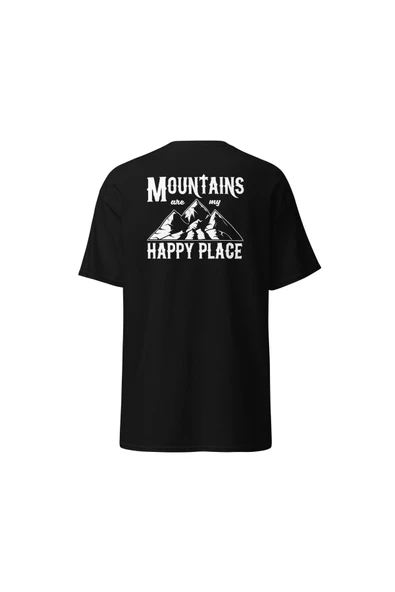 Mountains Are My Happy Place Dağcı Doğa Kamp Baskılı Unisex Pamuklu Tişört ürün görseli 1
