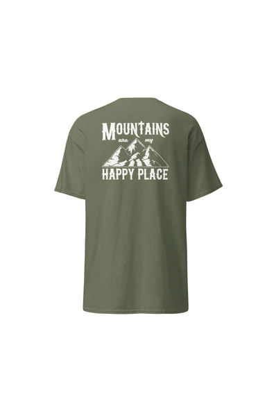 Mountains Are My Happy Place Dağcı Doğa Kamp Baskılı Unisex Pamuklu Tişört ürün görseli 1