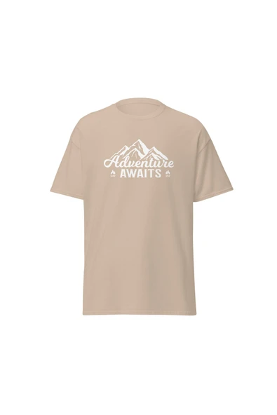 Adventure Awaits Dağ Macera Temalı Baskılı Unisex Bisiklet Yaka Pamuklu Tişört ürün görseli 1