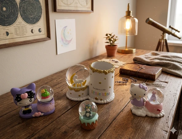 Hayal Gücünü Harekete Geçiren Kar Küreleri ve Unicorn Kalemlik ,Kuromi, Tom ve Hello Kitty Figürlü 4'lü Kar Küresi Seti Tek Bir Pakette ürün görseli 1