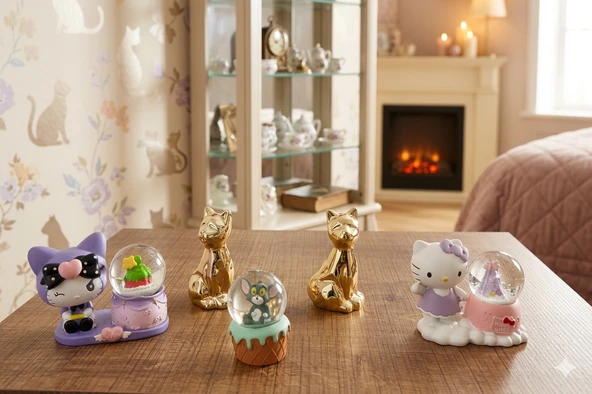 Altın Sarısı Kedi ve,Kuromi,Tom ve Hello Kitty Figürlü kar küreleri 5'li Set Tek Bir Pakette ürün görseli 1