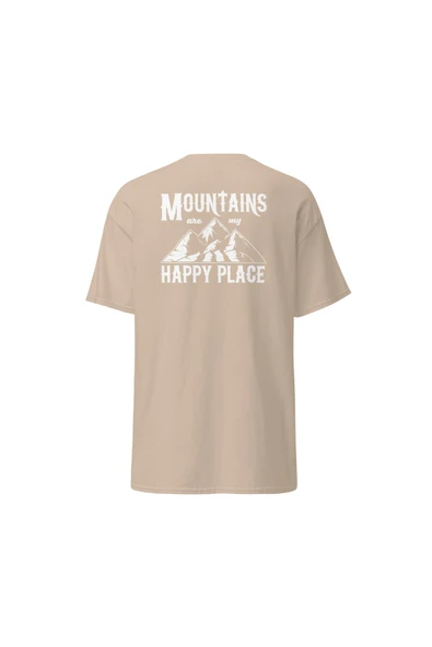Mountains Are My Happy Place Dağcı Doğa Kamp Baskılı Unisex Pamuklu Tişört ürün görseli 1