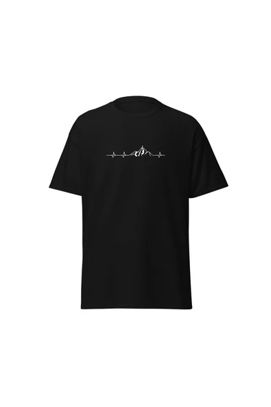 Dağ Kalp Atışı Çizgi Doğa Macera Dağcı Baskılı Unisex Pamuklu Tişört ürün görseli 1
