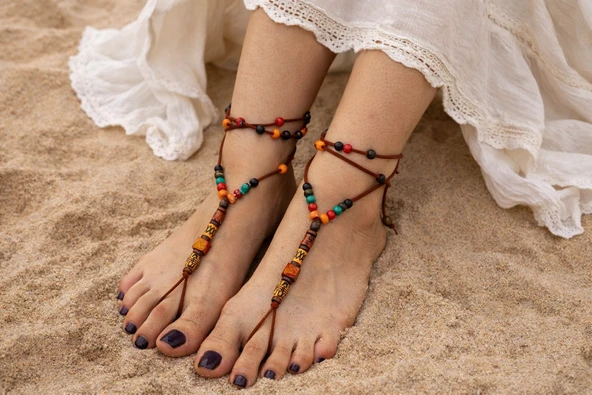 Süet Barefoot Sandal  Renkli Ahşap Boncuklu Çift Halhal ürün görseli 1