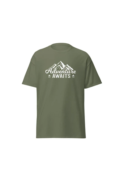 Adventure Awaits Dağ Macera Temalı Baskılı Unisex Bisiklet Yaka Pamuklu Tişört ürün görseli 1