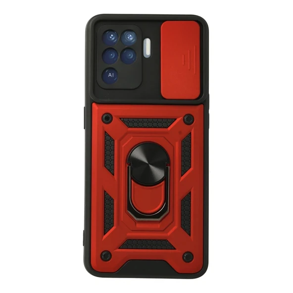 Reno 5 Lite Kılıf Pars Lens Yüzüklü Silikon - Kırmızı