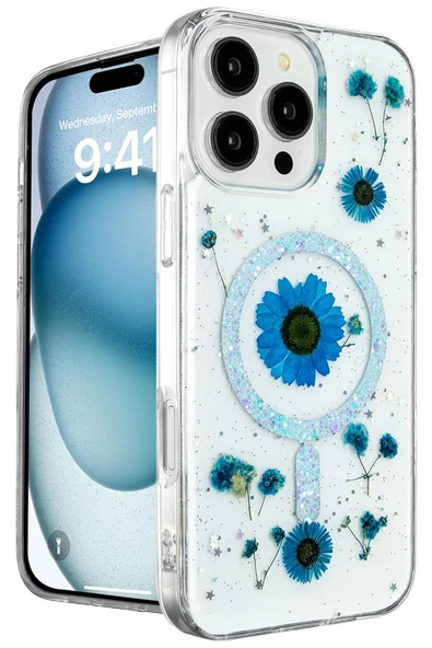 Newface Apple iPhone 16 Pro Max Kılıf Daisy Simli Magsafe Kapak - Mavi ürün görseli 1