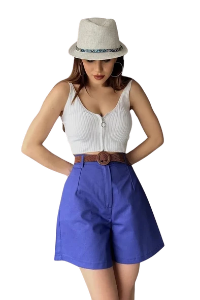 Rahat Kalıp Kemerli Mom Şort - MAVİ - Resim 3