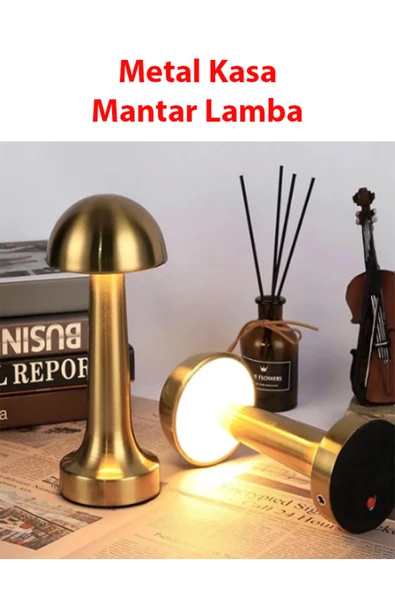 Mantar Masa Lambası Gold Şarjlı Dokunmatik 3 Renk Ayarlanabilir Metal Çerçeve ürün görseli 1