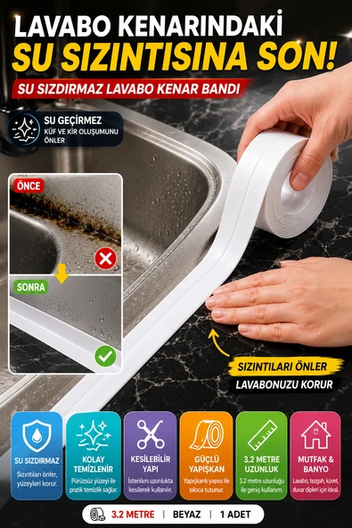 Su Sızdırmaz Lavabo Kenar Bandı 3.2 Metre Beyaz Mutfak Banyo Küvet Klozet Derz Koruma Bandı ürün görseli 1