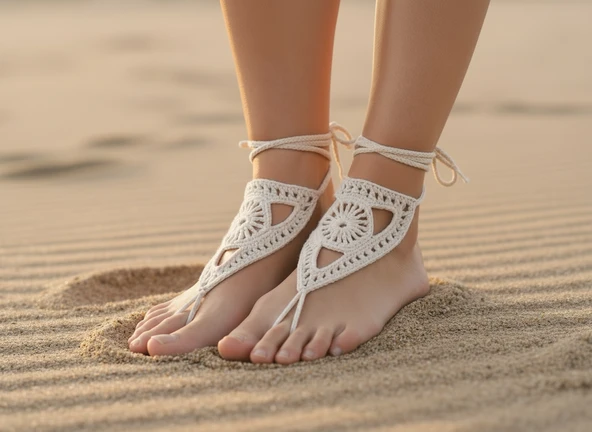 Boho Stil Barefoot Sandal El Yapımı Ekru Ayak Aksesuarı (Çift) ürün görseli 1
