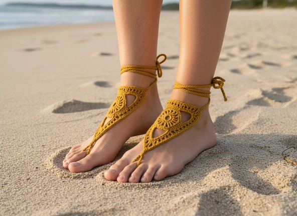 Boho Stil Barefoot Sandal El Yapımı Hardal Ayak Aksesuarı (Çift) ürün görseli 1