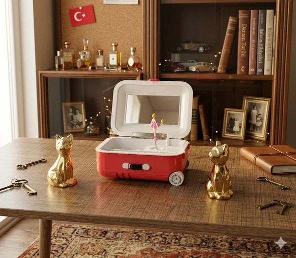 Yaşam Alanınıza Zarafet Katın: Balerinli Müzik Kutusu ve Altın Sarısı Kedi Bibloları ürün görseli 1