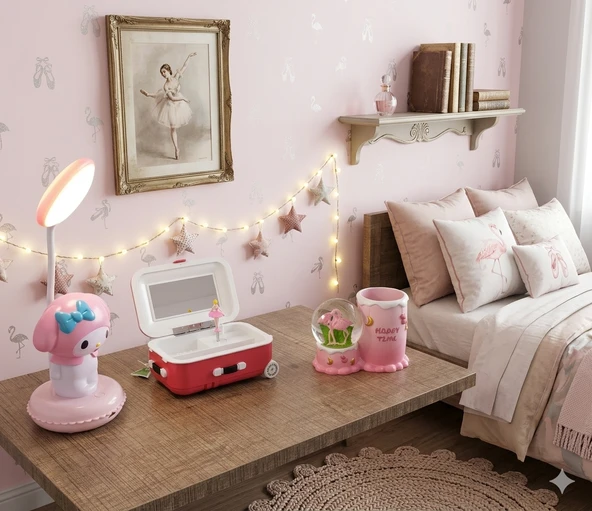 Dünyanın En Şirin Üçlüsü Bir Arada! (Flamingo  figürlü Kar Küresi + Balerinli Takı Kutusu + My Melody LED Lamba) ürün görseli 1