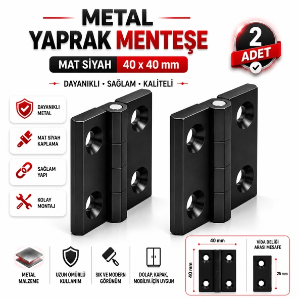 (2 ADET) Metal Yaprak Menteşesi Mat Siyah 40x40 mm Dayanıklı Mobilya Dolap Çekmece Kapak Kapağı ürün görseli 1