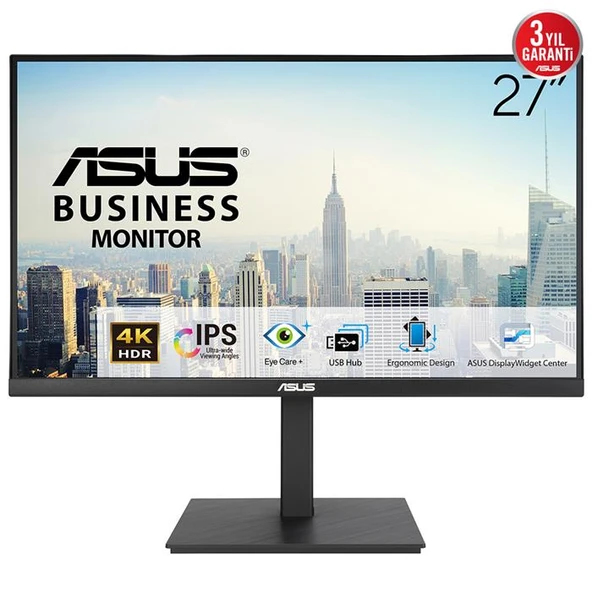 ASUS KURUMSAL VA27UQSB 27 IPS FREESYNC 3840X2160 5MS 60HZ 350CD DP HDMI USB HOPARLÖR VESA 3YIL EYECARE PLUS FLICKER-FREE ÇERÇEVESIZ DÜŞÜK MAVI IŞIK PIVOT MONITÖR ürün görseli 1
