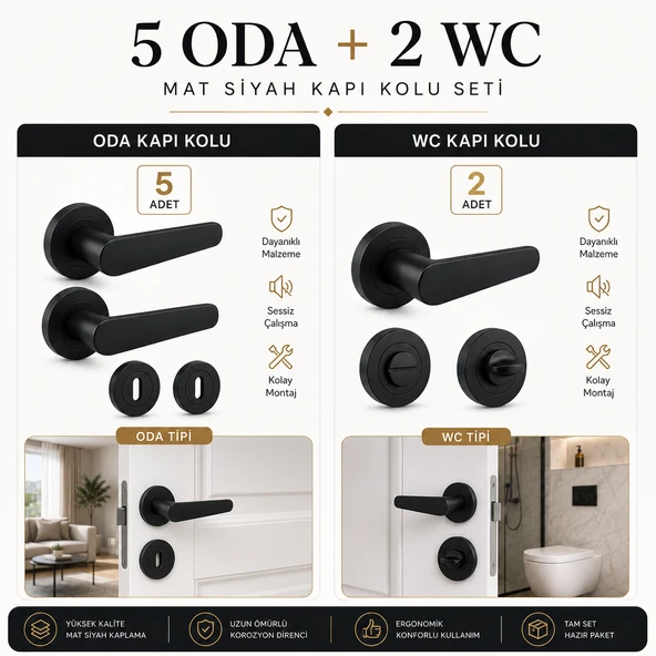 (7 TAKIM)  5 ODA + 2 WC Kayı Mat Siyah Rozetli Kapı Kolu Seti Modern Şık Kapı Kolu Takımı Kolları ürün görseli 1