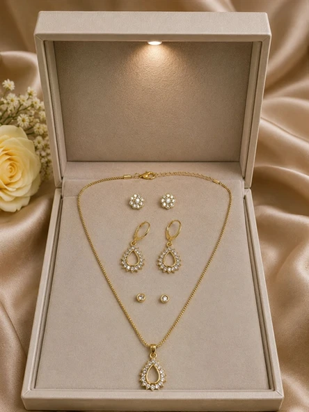 Damla Detaylı Taşlı Gold Renk 4'lü Zincir Kolye Küpe Seti ürün görseli 1
