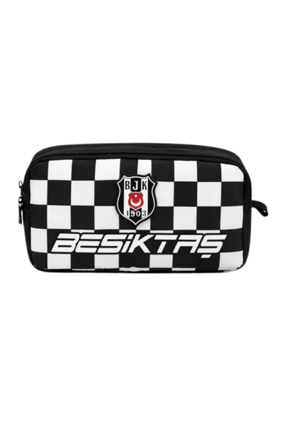 BEŞİKTAŞ ORİJİNAL LİSANSLI Siyah Kare Desenli Kalemlik - Çift Bölmeli Rubber Logolu Okul Kalem Çantası ürün görseli 1