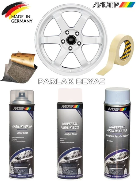 MOTİP Parlak Beyaz Jant Boyama Rötuş Seti Akrilik Sprey Boya + Vernik + Astar 500 ML ürün görseli 1