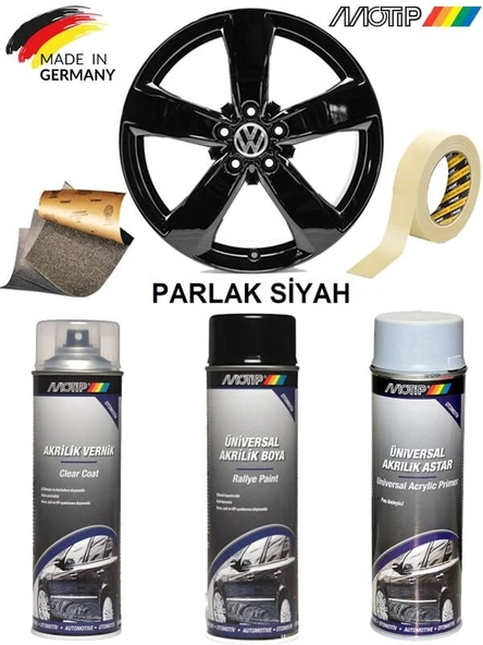 MOTİP Parlak Siyah Jant Boyama Rötuş Seti Akrilik Sprey Boya + Vernik + Astar 500 ML ürün görseli 1