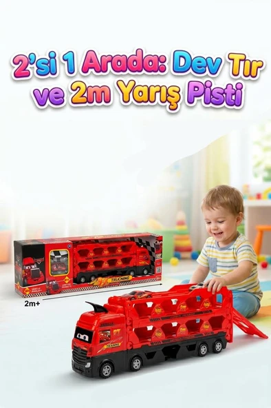 2 Katlı Taşıyıcı ve 2M Yarış Pistli 24 Araç Kapasiteli 2 Küçük Arabalı Oyuncak Tır Seti ürün görseli 1