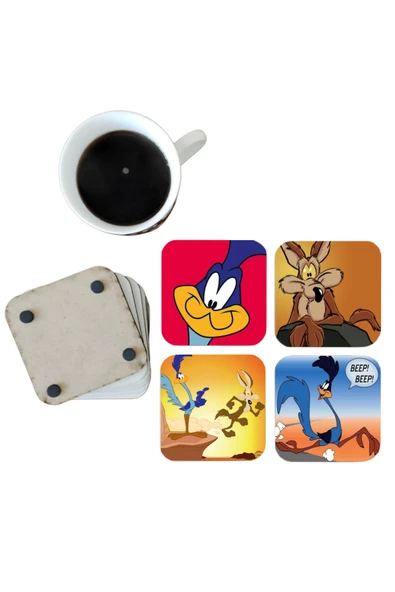 GHOSTBASTIR DESİGN Road Runner ve Coyote Dekoratif Ahşap Bardak Altlığı Seti 0109 ürün görseli 1