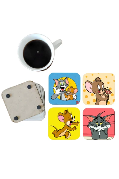 GHOSTBASTIR DESİGN Tom ve Jerry Dekoratif Ahşap Bardak Altlığı Seti 058 ürün görseli 1