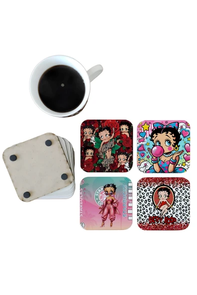 GHOSTBASTIR DESİGN Betty Boop Dekoratif Ahşap Bardak Altlığı Seti 0116 ürün görseli 1
