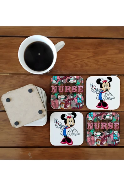 GHOSTBASTIR DESİGN Hemşire Minnie Dekoratif Ahşap Bardak Altlığı Seti 020 ürün görseli 1