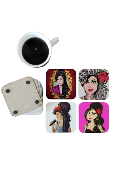 GHOSTBASTIR DESİGN Amy Winehouse Dekoratif Ahşap Bardak Altlığı Seti 0107 ürün görseli 1