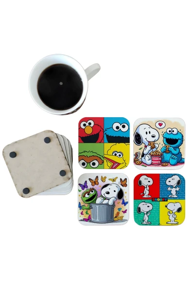 GHOSTBASTIR DESİGN Snoopy ve Susam Sokağı Dekoratif Ahşap Bardak Altlığı Seti 082 ürün görseli 1