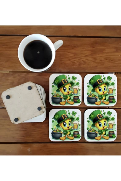 GHOSTBASTIR DESİGN Tweety Happy Patrick Day Dekoratif Ahşap Bardak Altlığı Seti 052 ürün görseli 1