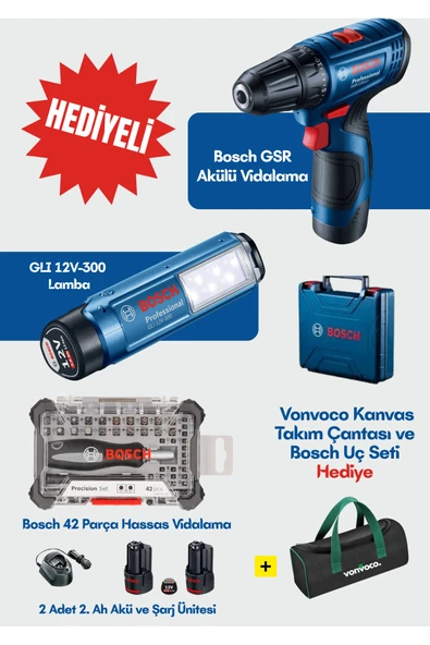GSR 120 Li 2,0, Ah Çift Akülü Vidalama Matkap Profesyonel Mavi GLI 12V-300 Şarjlı Fener Lamba ürün görseli 1