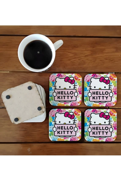GHOSTBASTIR DESİGN Hello Kitty Dekoratif Ahşap Bardak Altlığı Seti 023 ürün görseli 1